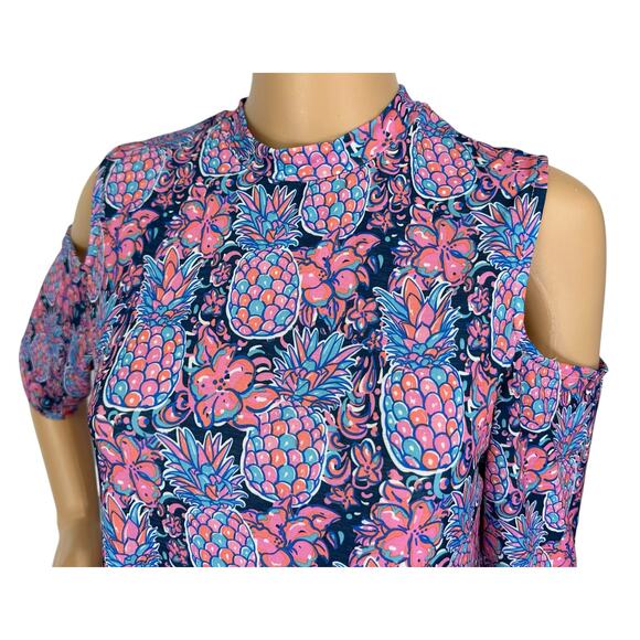 2/$15 Simply Southern Pineapple Print Cold Shoulder Dress Pockets Size M - Picture 8 of 11